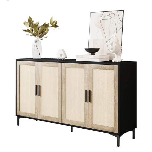 **JASIWAY Sideboard Buffet Cabinet with Storage, Rattan Kitchen Buffet Cabinet with Doors, Accent Coffee Bar Sideboard Cabinet for Living Room, Entryway, and Kitchen, Black**