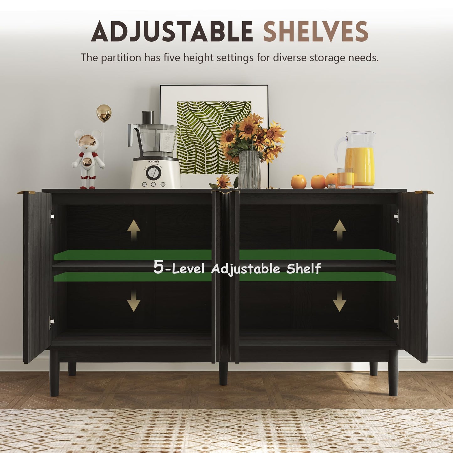 Small Fluted Buffet Cabinet with Door and Adjustable Shelves, Modern Sideboard Storage for Kitchen, Living Room, or Hallway, Black