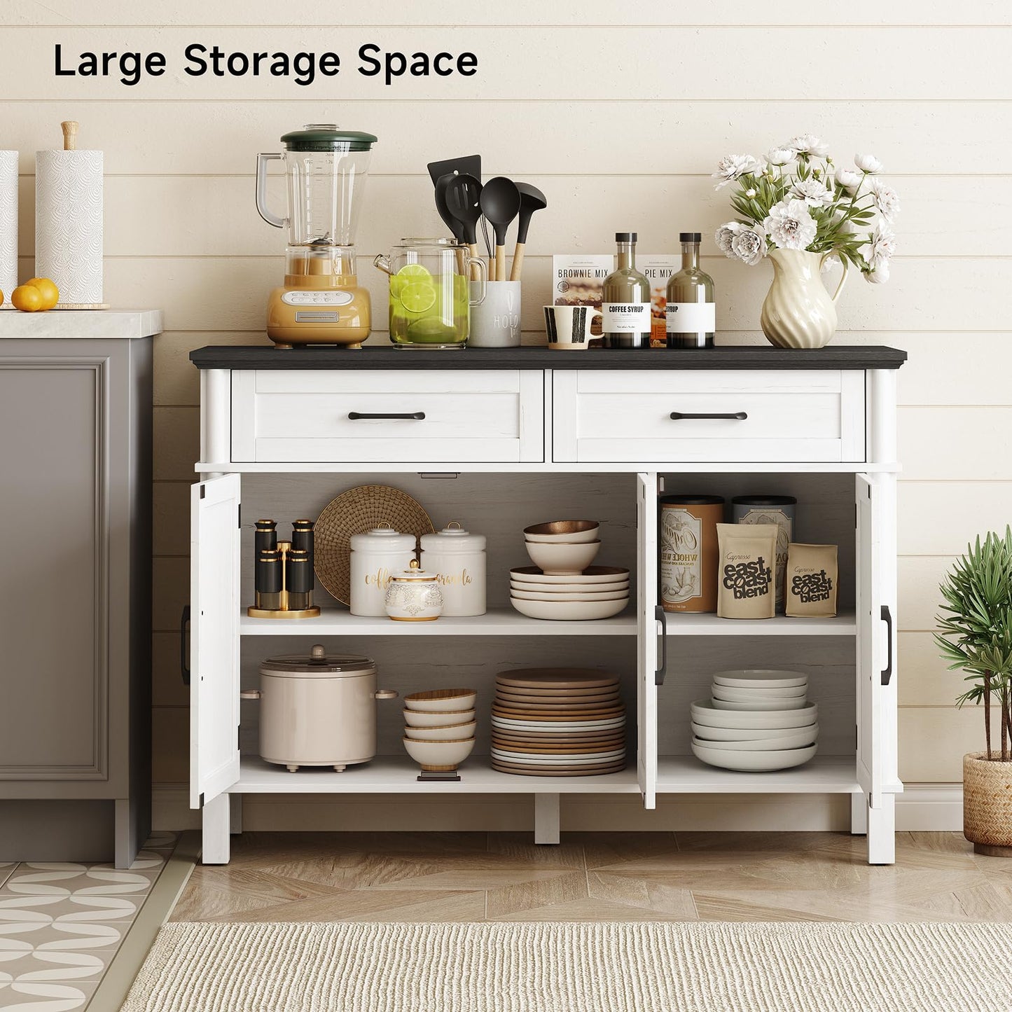 48" Farmhouse Buffet Sideboard Cabinet with 2 Drawers and 3 Doors, Wood Coffee Bar Cabinet with Adjustable Shelves for Kitchen or Living Room, Off White & Black