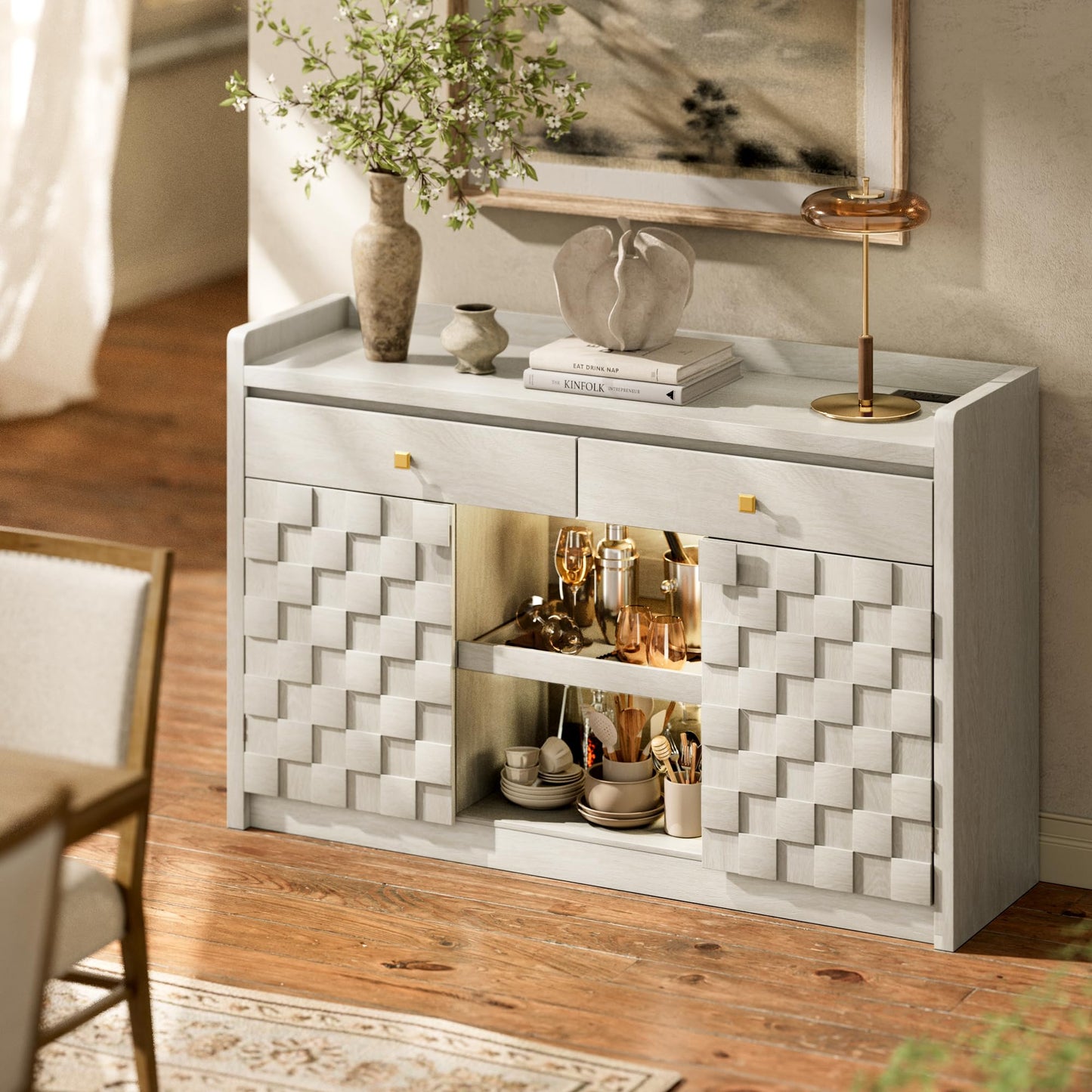 55" Fluted Sideboard Buffet Cabinet with Charging Station and LED Light, 2 Drawers, Pull-Out Shelf, and Spice Rack, Modern Kitchen Storage, White Oak