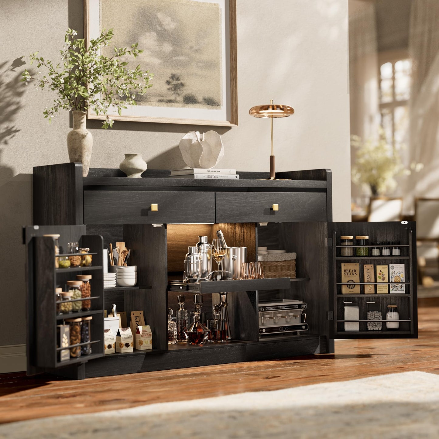 55" Fluted Sideboard Buffet Cabinet with Charging Station and LED Light, 2 Drawers, Pull-Out Shelf, and Spice Rack, Modern Kitchen Storage, Black Oak