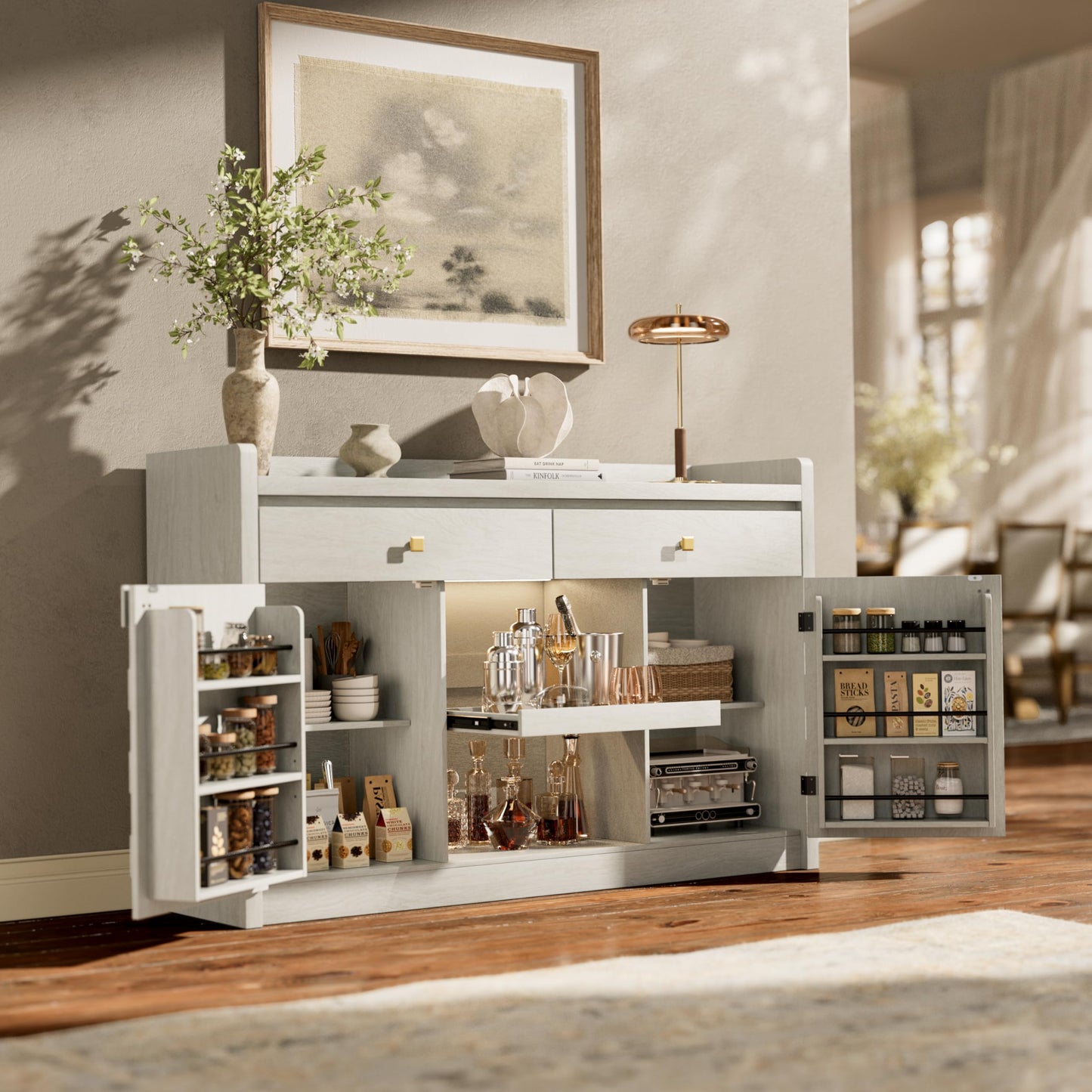 55" Fluted Sideboard Buffet Cabinet with Charging Station and LED Light, 2 Drawers, Pull-Out Shelf, and Spice Rack, Modern Kitchen Storage, White Oak