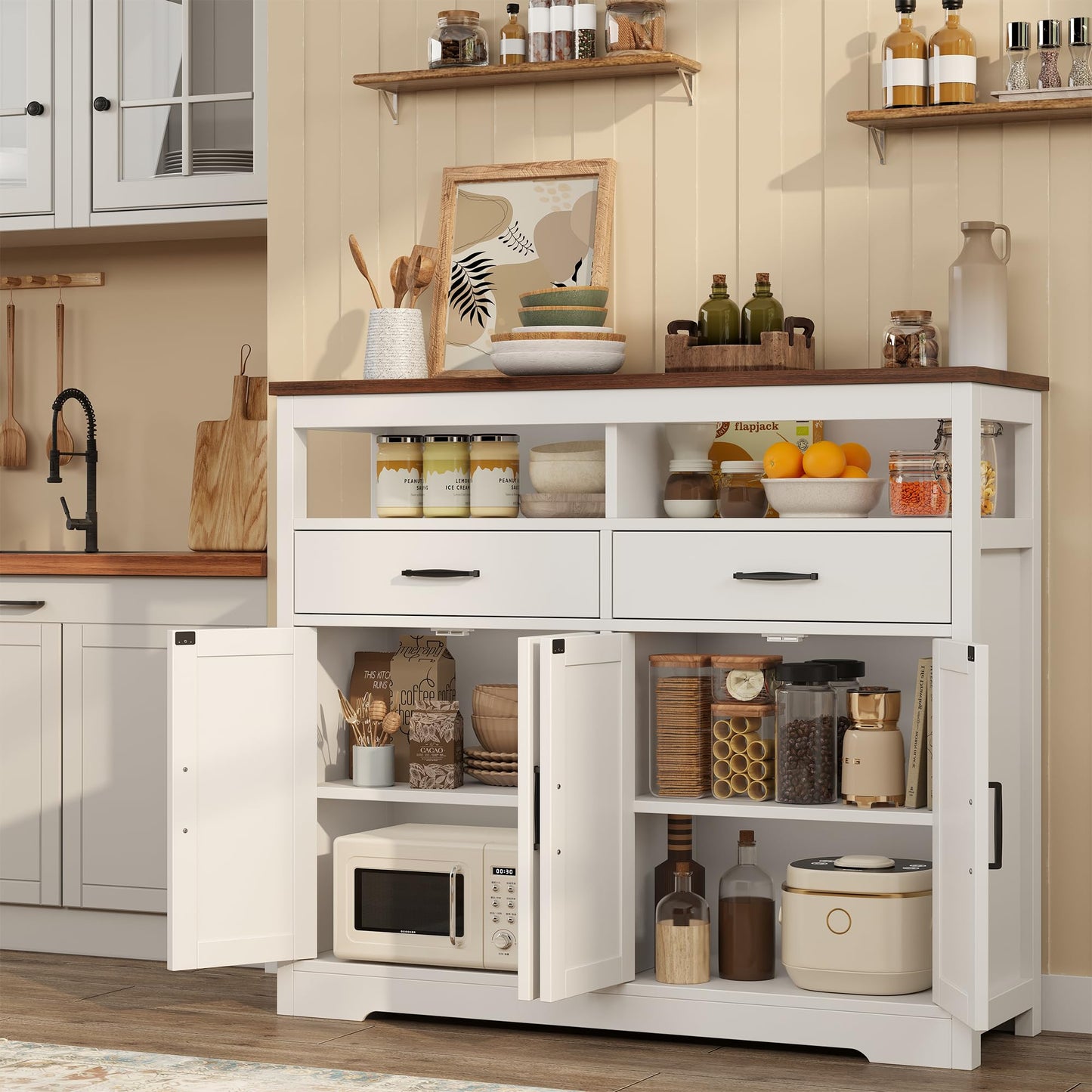 **47" Farmhouse Buffet Sideboard with Storage, 4-Door Kitchen Cabinet with Shelves, Wood Coffee Bar Cabinet for Kitchen, Dining Room, or Entryway**