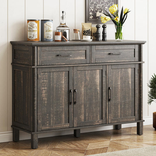 48" Farmhouse Buffet Sideboard Cabinet with 2 Drawers and 3 Doors, Wood Coffee Bar Cabinet with Adjustable Shelves for Kitchen or Living Room, Rustic Brown