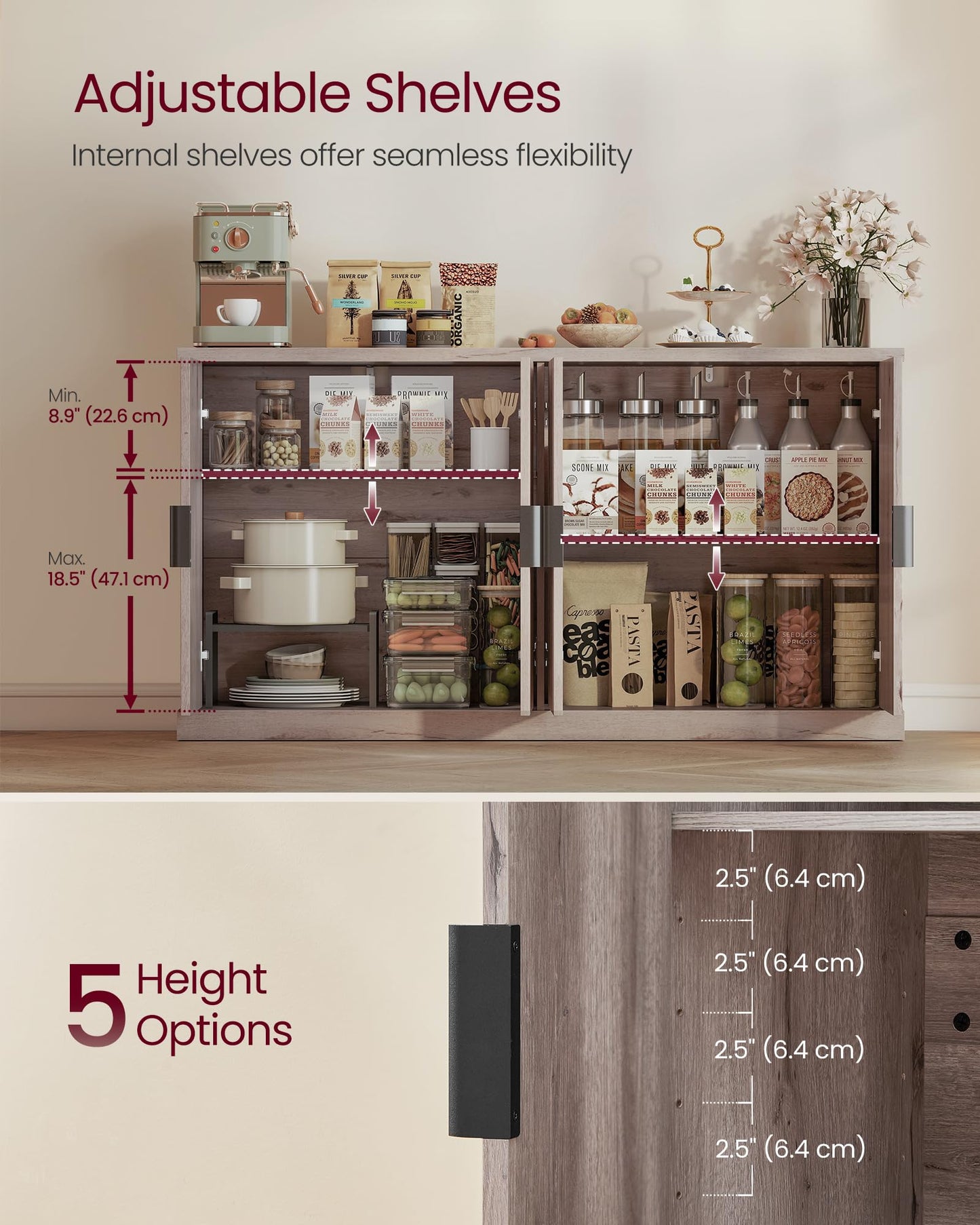 **Transitional Buffet Cabinet, Console Sideboard with Adjustable Shelves and Fluted Doors, Buffet Table for Kitchen or Pantry, Washed Gray**