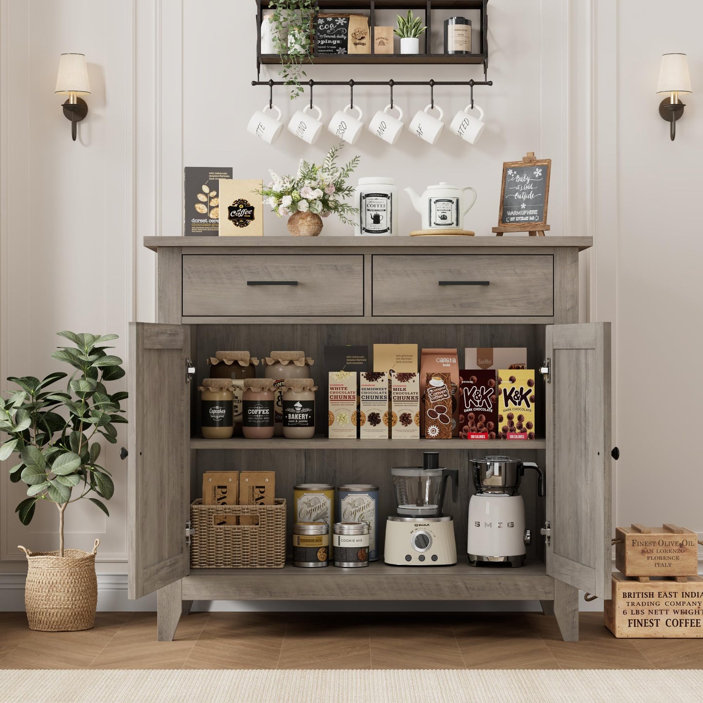 HORSTORS Modern Farmhouse Buffet Cabinet with Storage, Kitchen Sideboard Coffee Bar with 2 Drawers and 2 Doors, Floor Storage Cabinet for Living Room, Dining Room, or Bathroom, Grey
