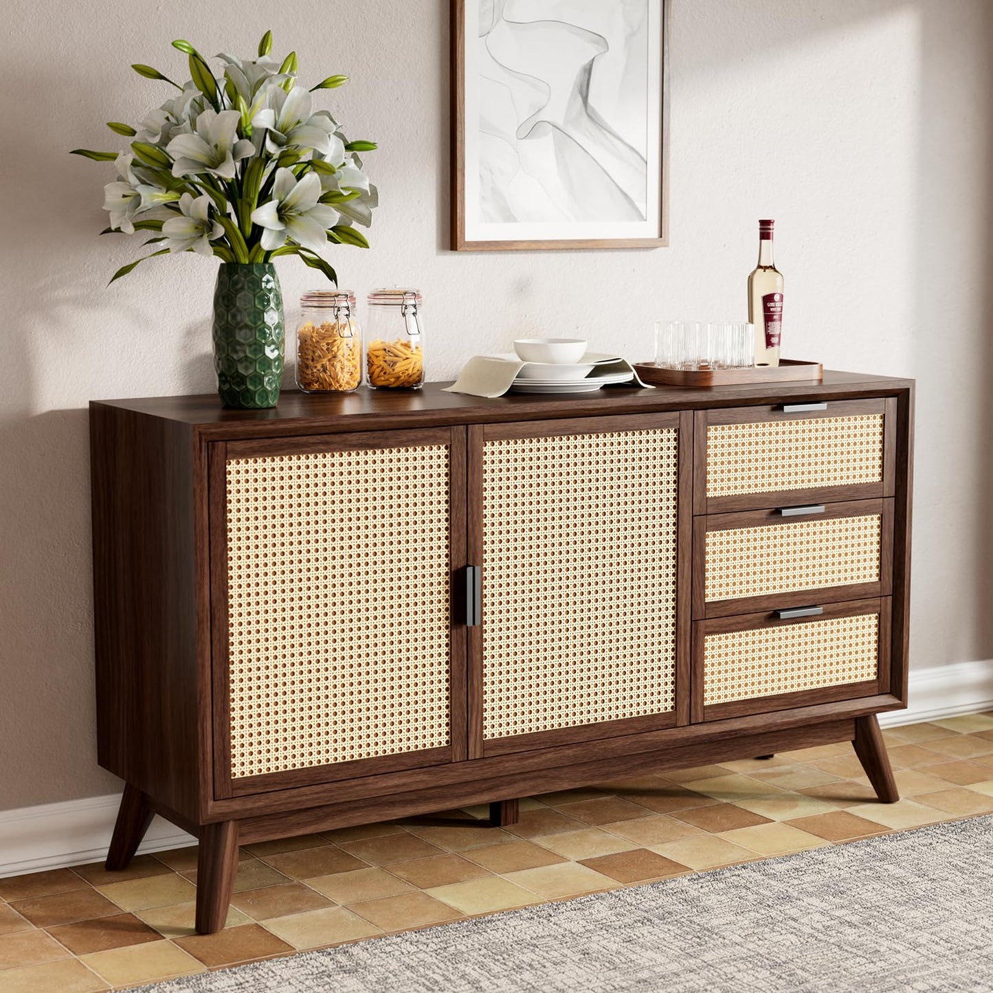 **58" Rattan Buffet Sideboard with 3 Drawers and 2 Doors, Pre-Assembled Accent Console Table for Living Room, Kitchen, or Dining, Walnut**
