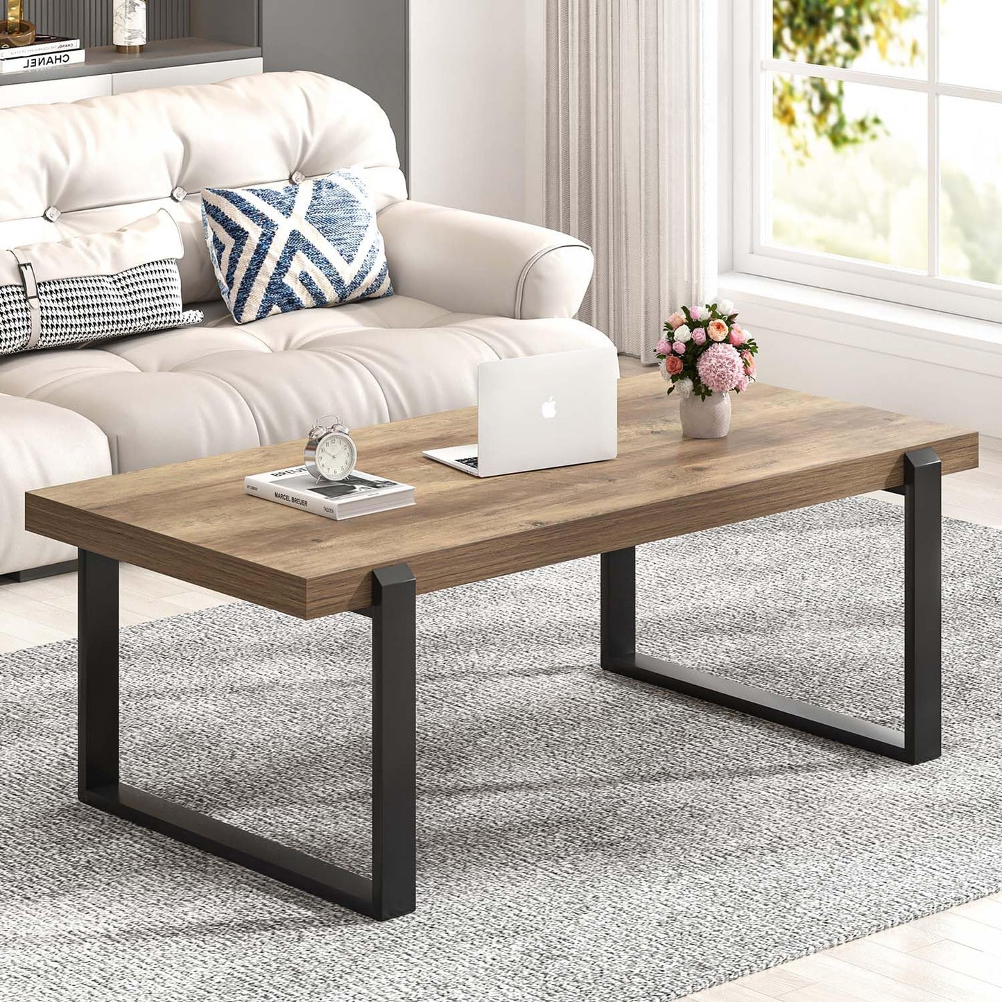 FOLUBAN 47" Rustic Coffee Table – Modern Industrial Wood and Metal Center Table for Living Room, Oak