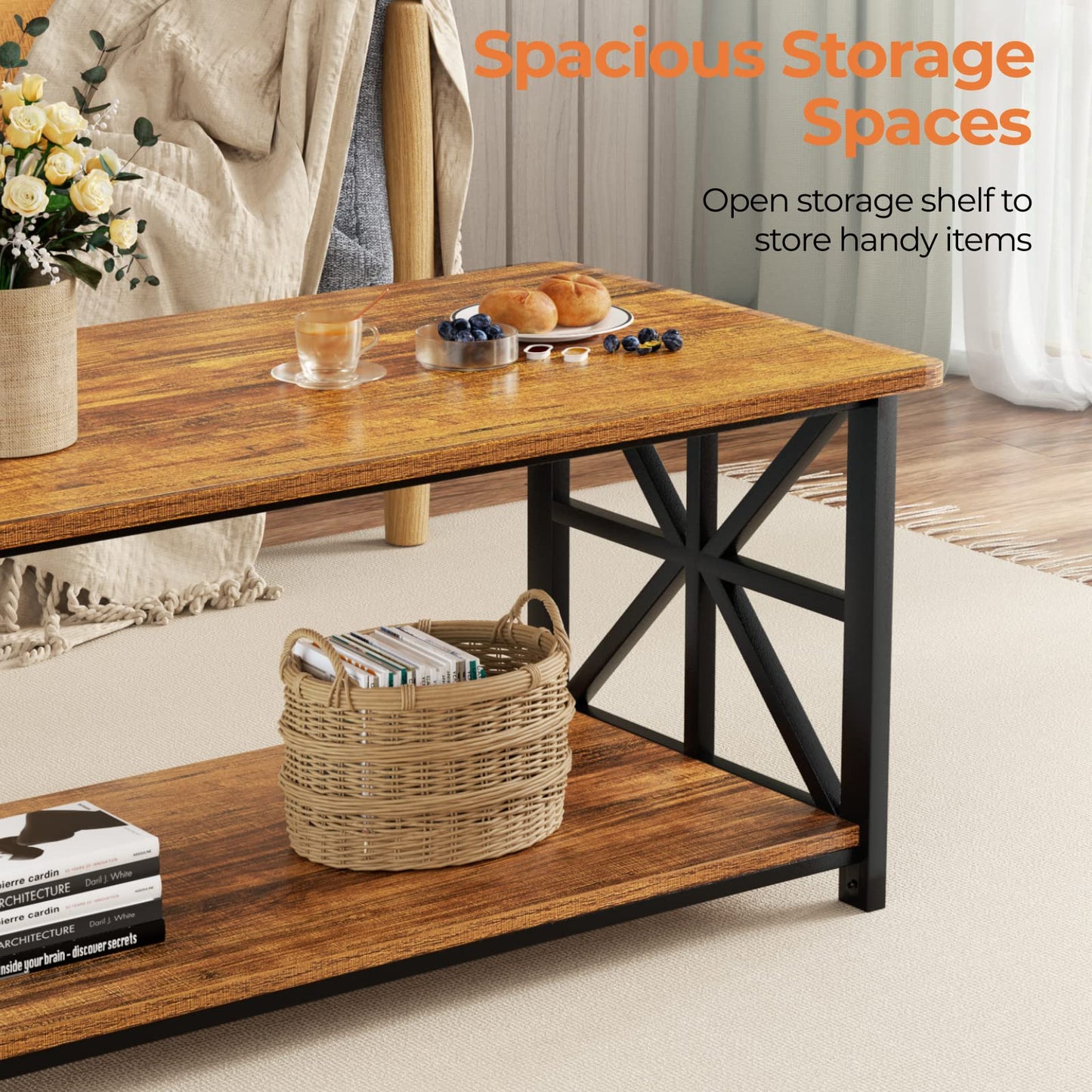 GreenForest 39" Coffee Table with Round Corners, Farmhouse Center Table with 2-Tier Storage Shelf & X-Frame Design for Living Room, Walnut