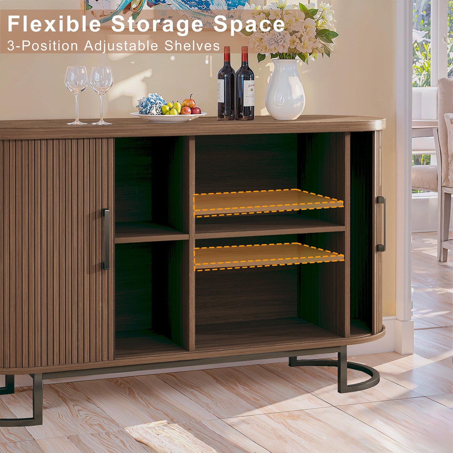 **54.3" Sideboard Buffet Cabinet with Storage, Sliding Door & Adjustable Shelf, Mid-Century Modern Coffee Bar Console Table for Kitchen and Entryway, Walnut**