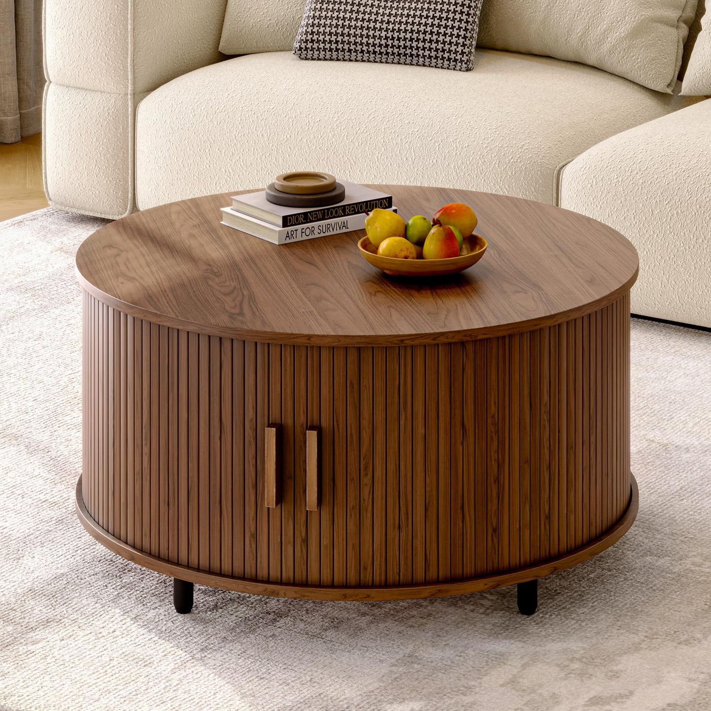Round Coffee Table with Storage, 31.5" Modern Fluted Wood Table with 360° Sliding Door and Adjustable Footpads, Walnut