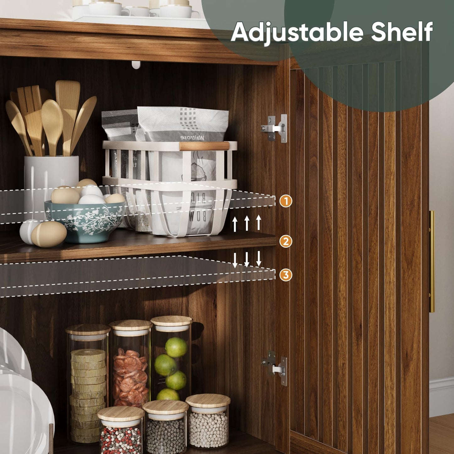 63" Sideboard Buffet with 4 Louvered Doors and Gold Handles, Farmhouse Coffee Bar Storage Cabinet for Entryway, Kitchen, Dining, or Living Room, Natural Oak