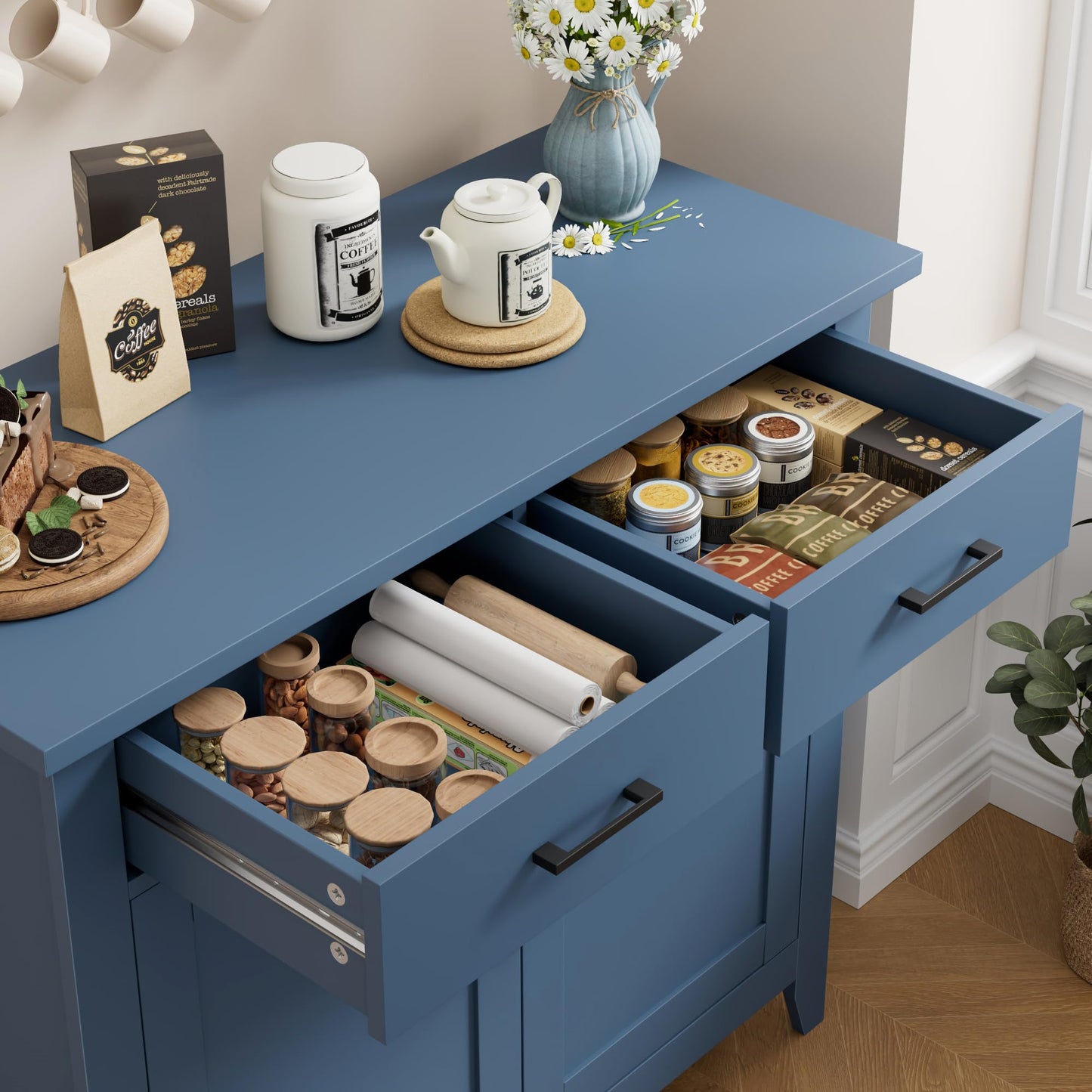 HORSTORS Modern Farmhouse Buffet Cabinet with Storage, Kitchen Sideboard Coffee Bar with 2 Drawers and 2 Doors, Floor Storage Cabinet for Living Room, Dining Room, or Bathroom, Blue
