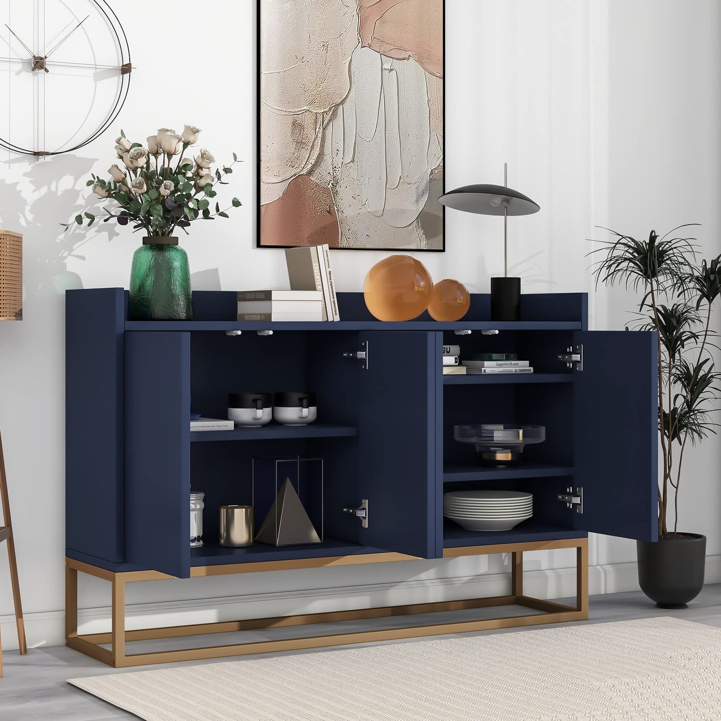 Modern Wood Sideboard Buffet Cabinet with Doors, Adjustable Shelves, and Metal Base, Kitchen Storage for Small Spaces, Navy Blue