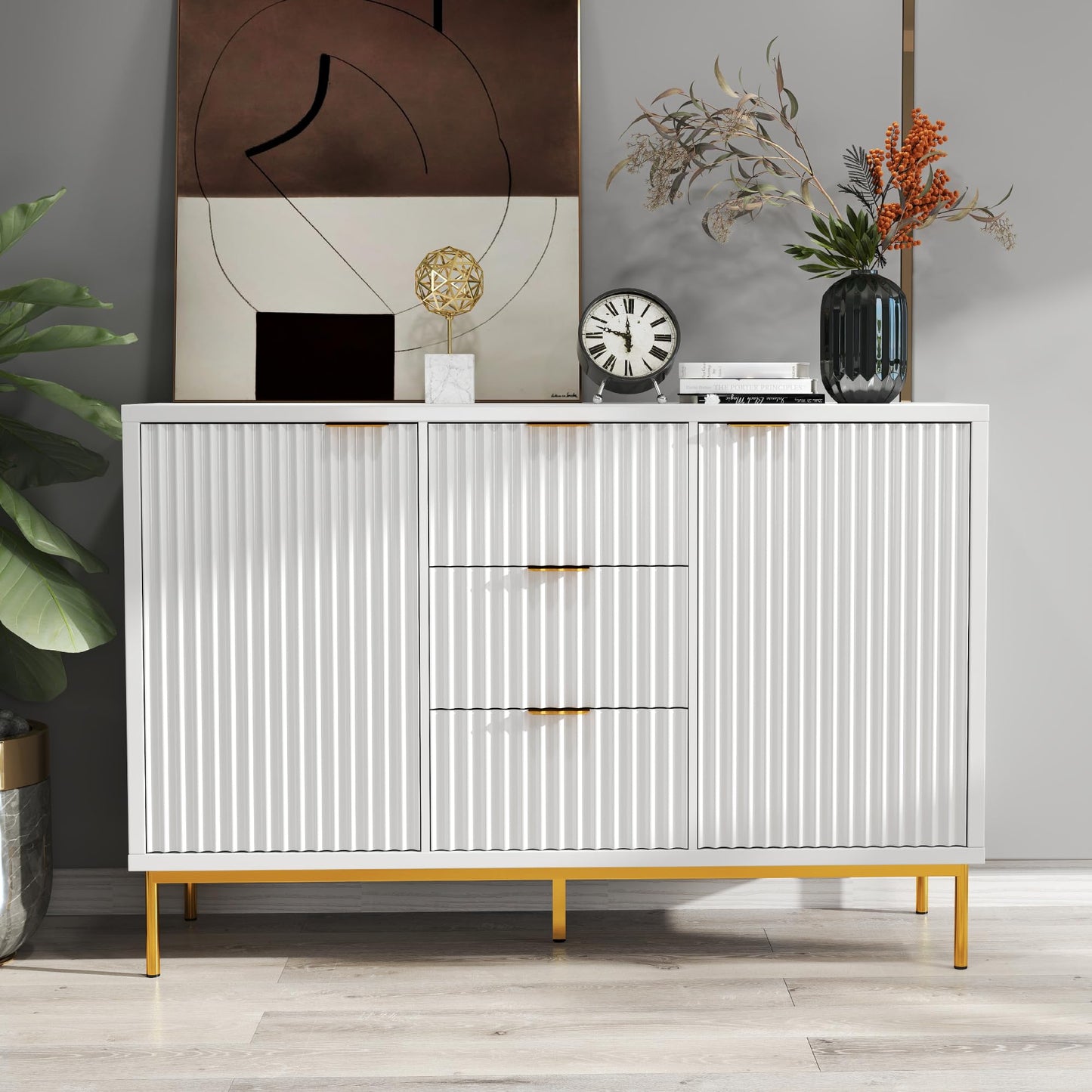 Fluted Buffet Cabinet with 2 Doors, 3 Drawers and Adjustable Shelf, 47" Modern Sideboard Coffee Bar Table for Kitchen and Living Room, White