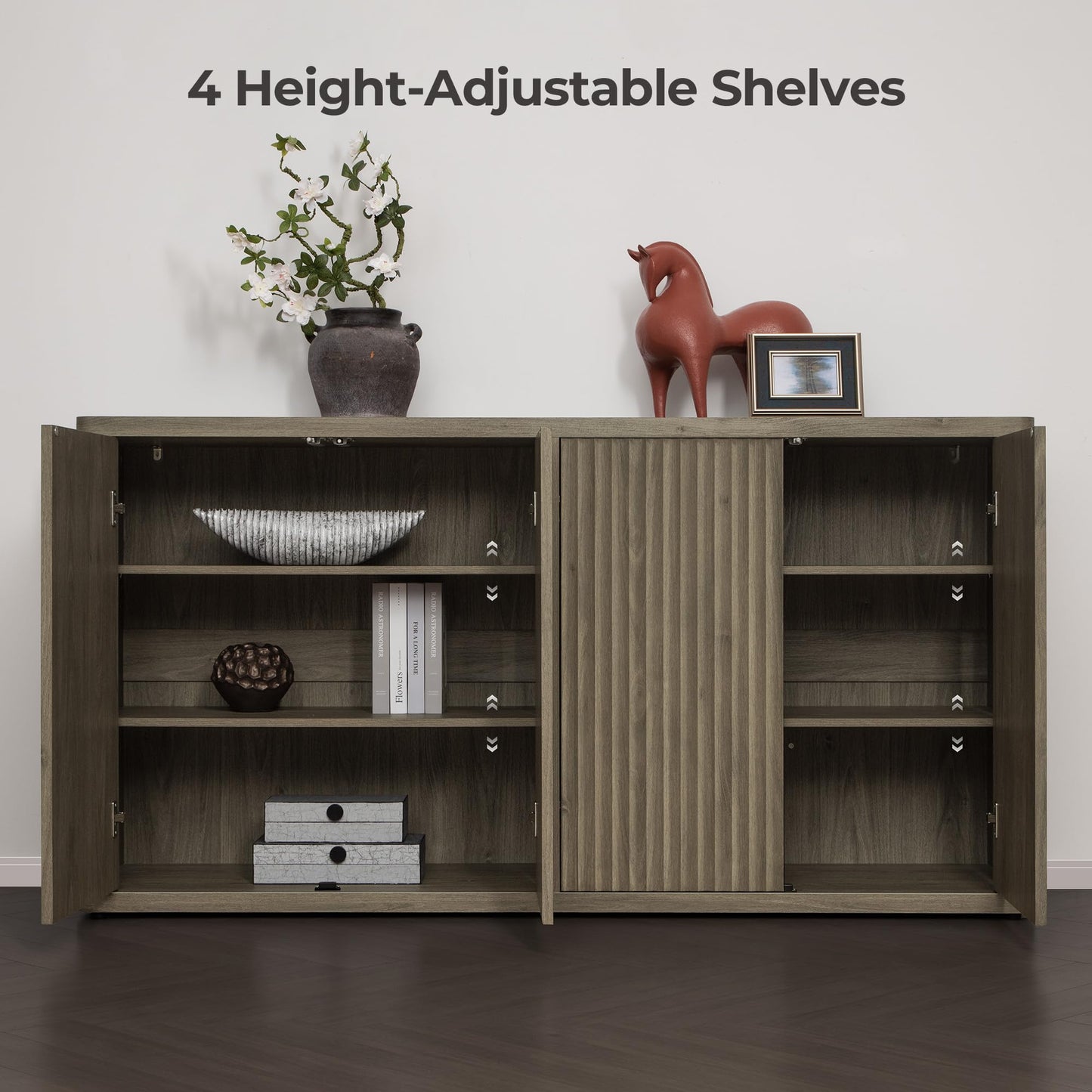 SICOTAS 66.3" Modern Fluted Buffet Cabinet with Storage, Accent Sideboard with 4 Doors, Wide Credenza Buffet Table Media Console Cabinet for Entryway, Kitchen, Dining Room, Living Room, or Hallway