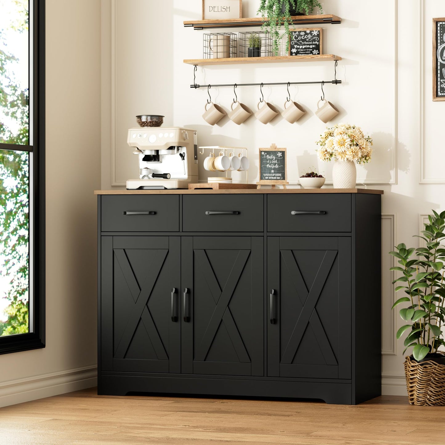 **HOSTACK Modern Farmhouse Buffet Sideboard Cabinet with Barn Doors, Drawers, and Shelves, Wood Coffee Bar Storage Cabinet for Dining Room, Kitchen, or Living Room, Ash Grey**