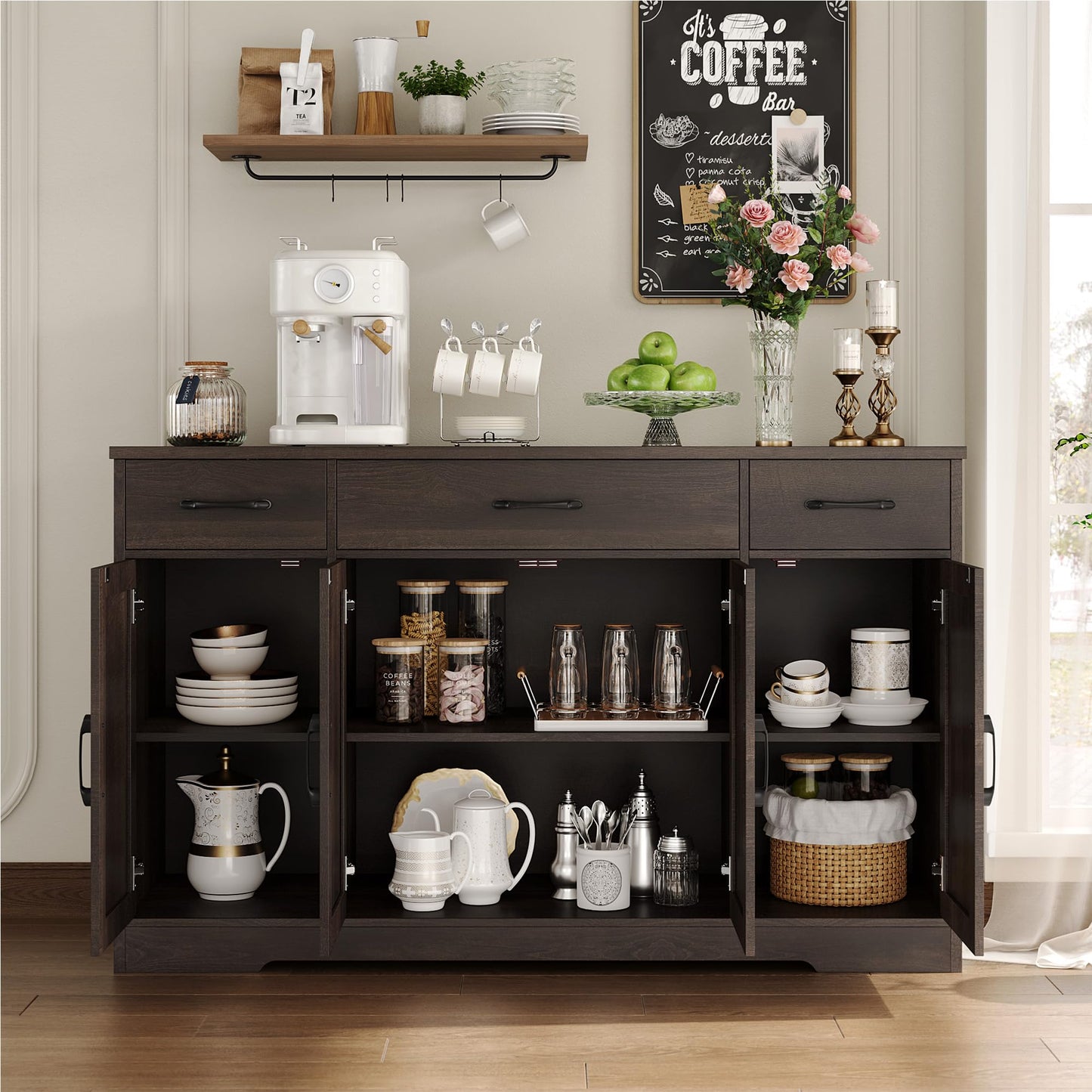 55" Large Buffet Sideboard Cabinet with Drawers, Shelves, and Doors, Modern Farmhouse Coffee Bar Station for Kitchen or Dining Room, Dark Brown