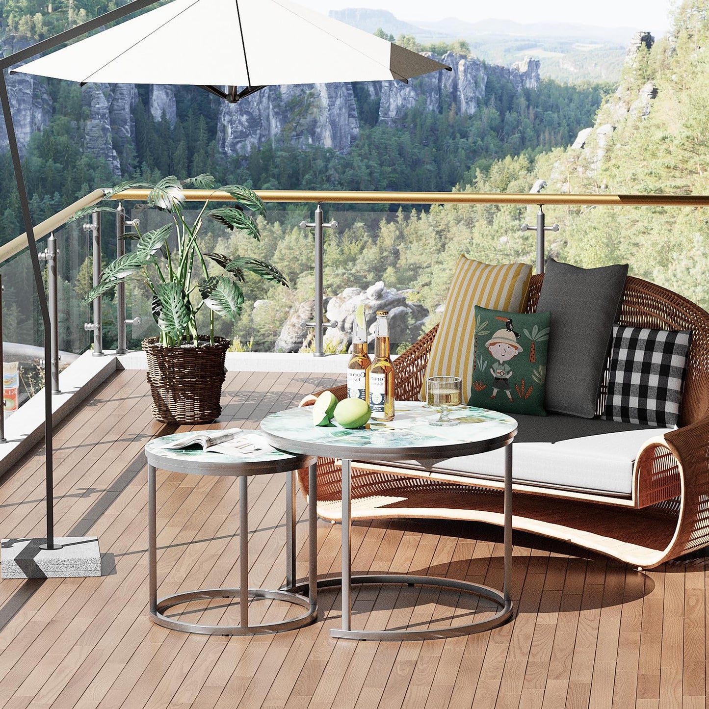 Nesting Coffee Table Set of 2, Round Green Art Top Tables with Sturdy Metal Frame for Living Room or Bedroom, Modern Industrial Style