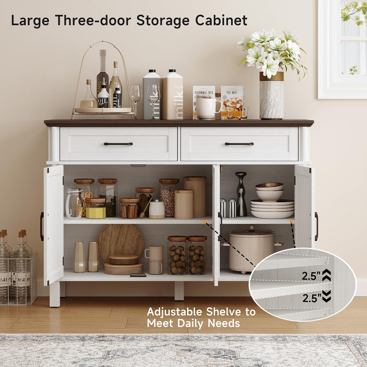 48" Farmhouse Buffet Sideboard Cabinet with 2 Drawers and 3 Doors, Wood Coffee Bar Cabinet with Adjustable Shelves for Kitchen or Living Room, Off White