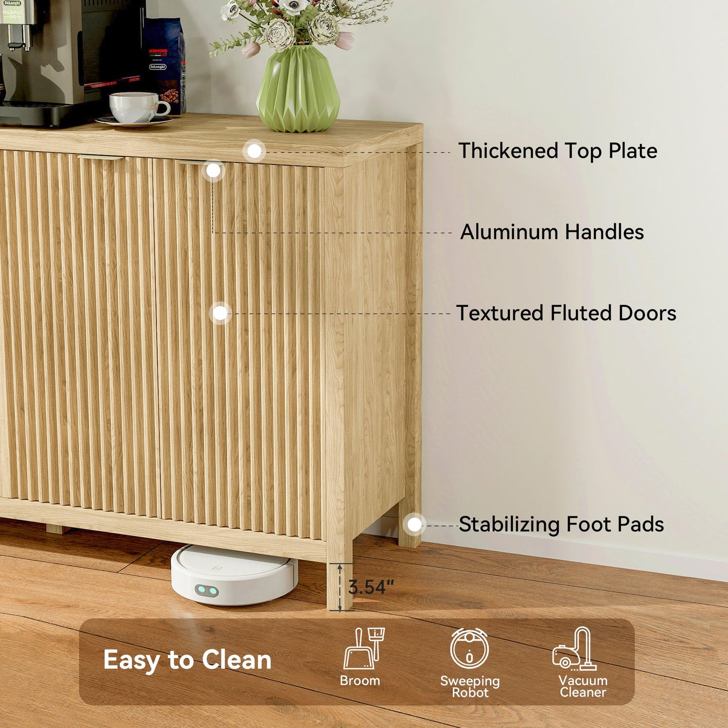 Fluted Sideboard Buffet Cabinet with 4 Doors and Adjustable Shelves, Modern Credenza Coffee Bar Table, Natural Oak