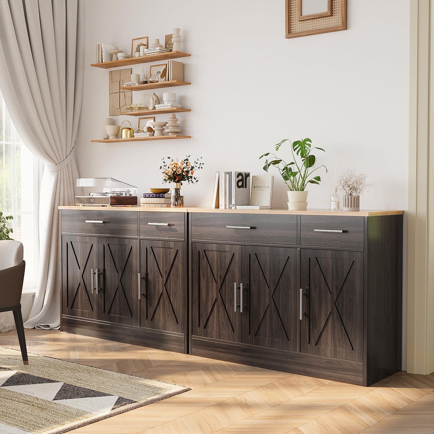 Modern Farmhouse Sideboard Buffet Cabinet with Barn Doors, 2 Drawers and 3 Doors, Adjustable Shelf for Kitchen or Living Room, Brown