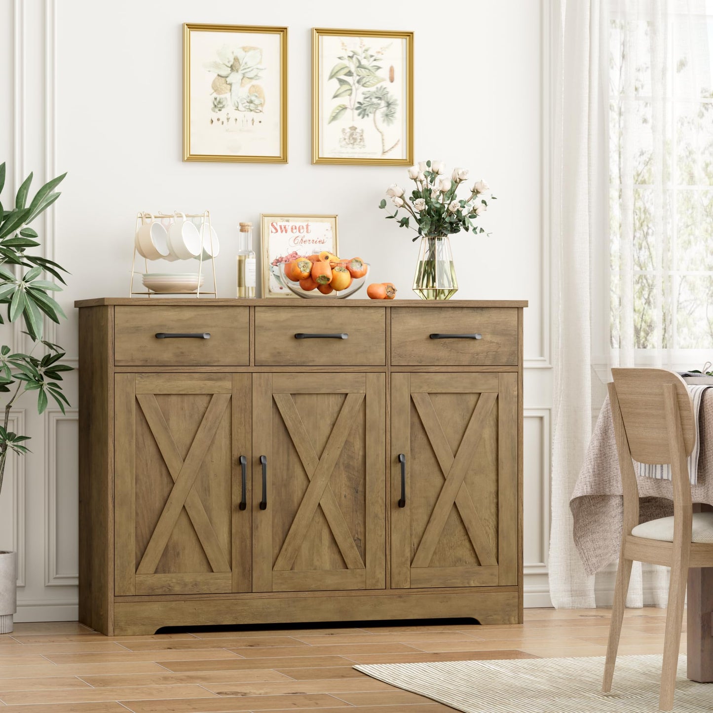 **HOSTACK Modern Farmhouse Buffet Sideboard Cabinet with Barn Doors, Drawers, and Shelves, Wood Coffee Bar Station for Dining Room, Kitchen, or Living Room, Rustic Brown**