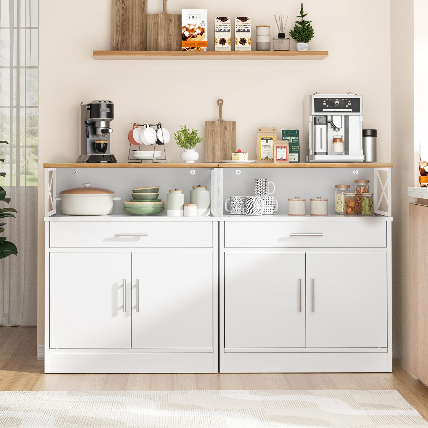 **Shintenchi Modern Kitchen Buffet Cabinet with Adjustable Shelf, Farmhouse Coffee Bar Storage Cabinet, White**