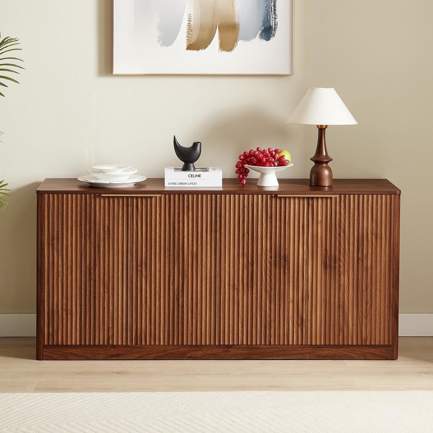 59" Fluted Walnut Sideboard Buffet Cabinet with 4 Doors, Large Wood Mid-Century Modern Storage Cabinet for Kitchen and Living Room
