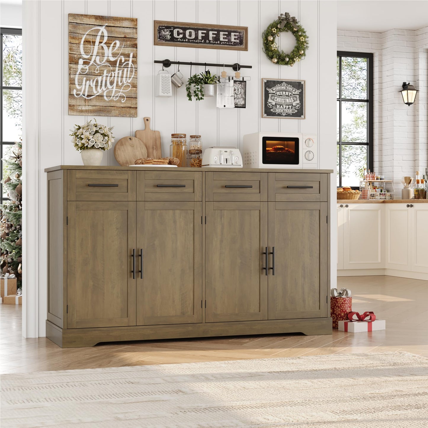 60" Large Buffet Sideboard with 4 Drawers and Storage, 36" Tall Modern Kitchen Cabinet with Black Handles, Rustic Brown