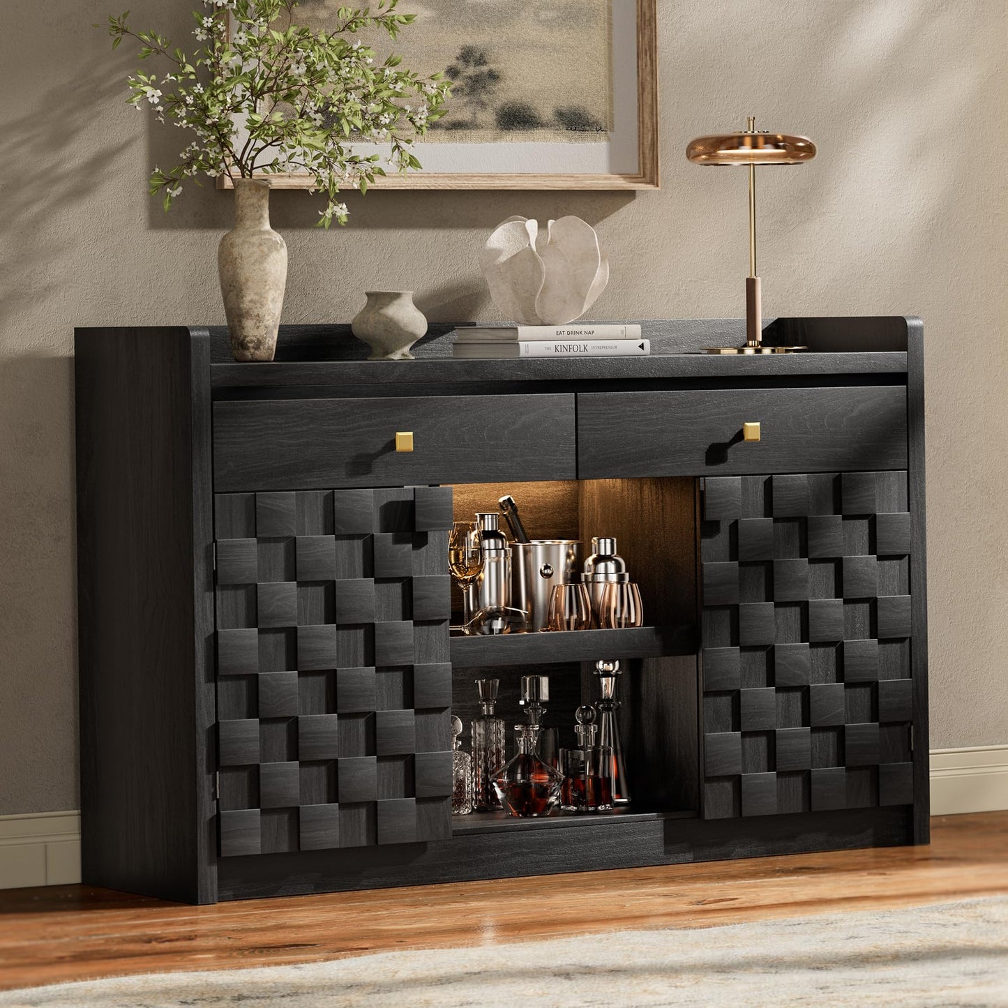 55" Fluted Sideboard Buffet Cabinet with Charging Station and LED Light, 2 Drawers, Pull-Out Shelf, and Spice Rack, Modern Kitchen Storage, Black Oak