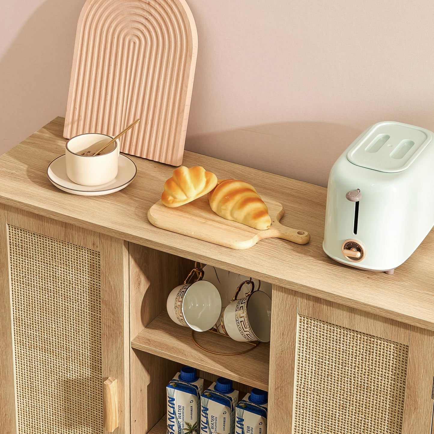 Rattan Storage Cabinet with 4 Adjustable Shelves, Coffee Bar Sideboard Buffet for Kitchen, Living Room, or Entryway, Natural