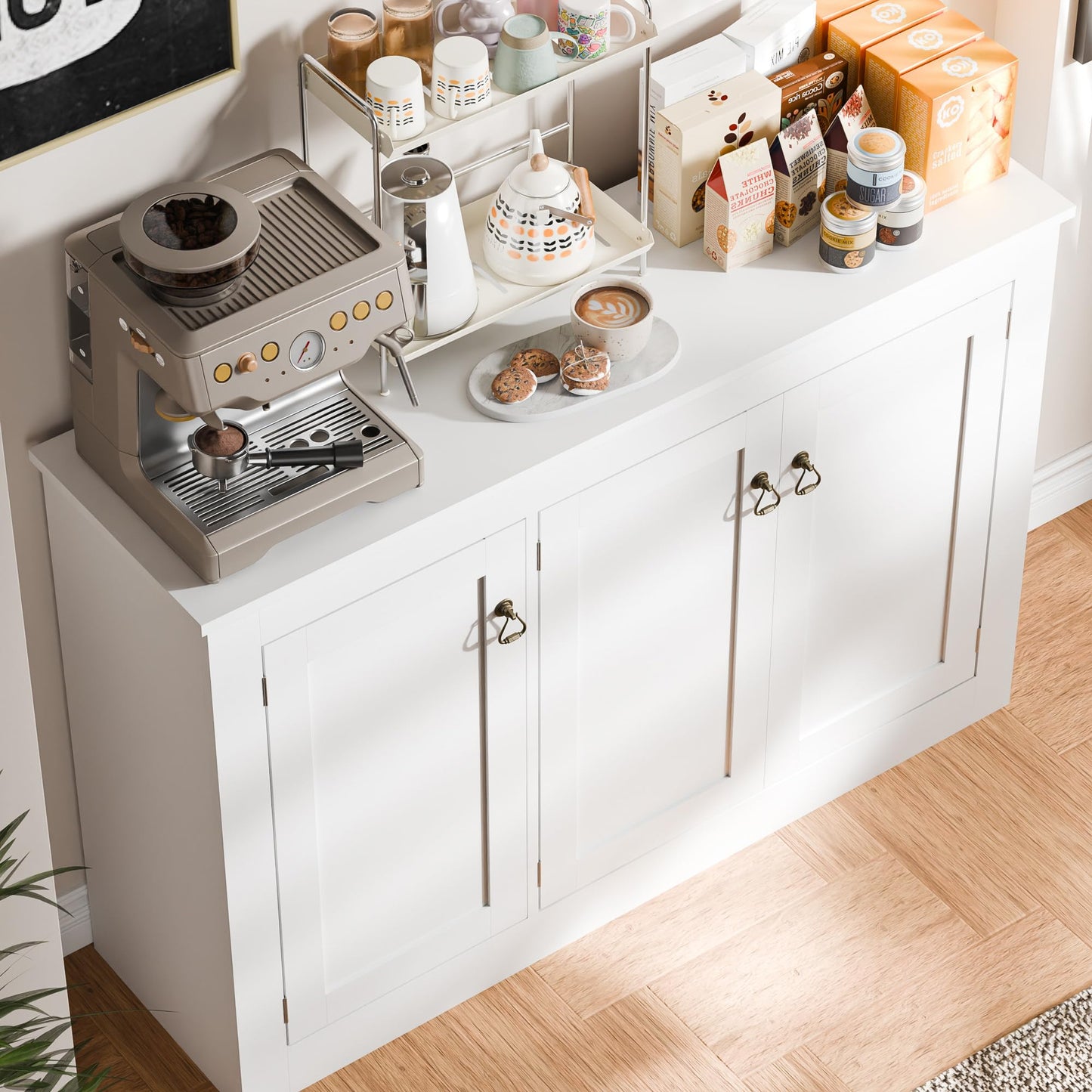 44.5" White Buffet Cabinet with Storage, Wood Console Table Coffee Bar Sideboard for Kitchen, Dining, Living Room, or Entryway