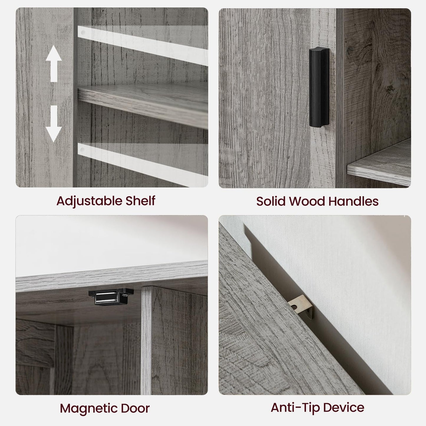 Storage Cabinet with 2 Doors and 4 Adjustable Shelves, Buffet Floor Cabinet for Living Room, Entryway, or Kitchen, Rustic Gray