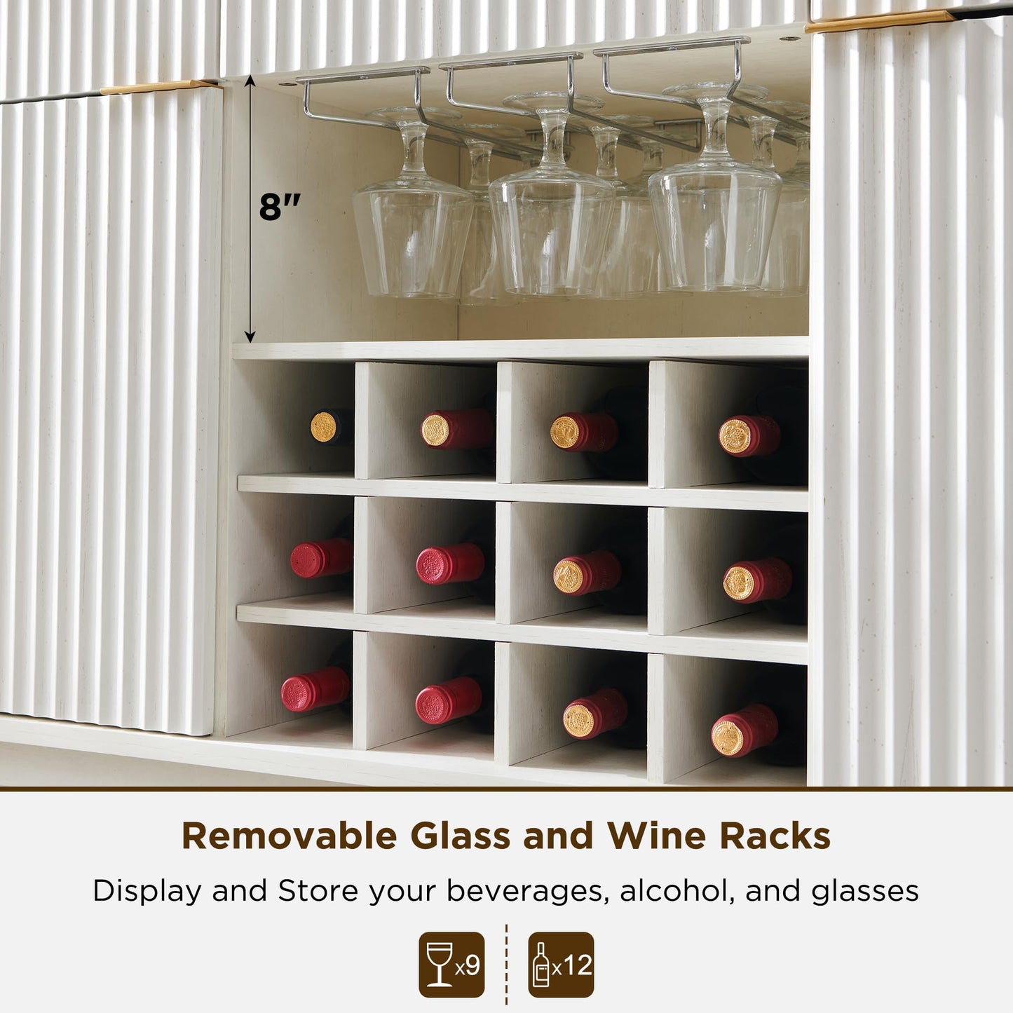 60" Fluted Buffet Cabinet with 3 Drawers and 2 Doors, Modern Wine and Coffee Bar Sideboard with Wine and Glass Racks, Adjustable Shelves for Kitchen or Dining, Antique White