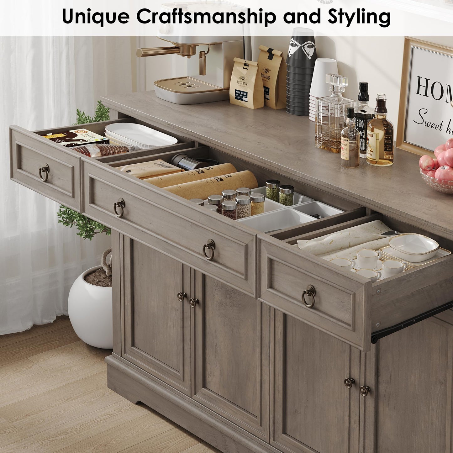 FINETONES 52.7" Large Buffet Cabinet with Storage, Modern Sideboard with 3 Drawers and 4 Doors, Wooden Coffee Bar Cabinet for Kitchen, Dining Room, Living Room, or Home Office, Ash Grey