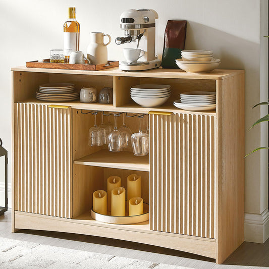 Coffee Bar Cabinet with Wine Glass Rack, 47" Buffet Sideboard with Adjustable Shelves and Soft-Close Hinges, Holds 200 lbs, Natural Oak