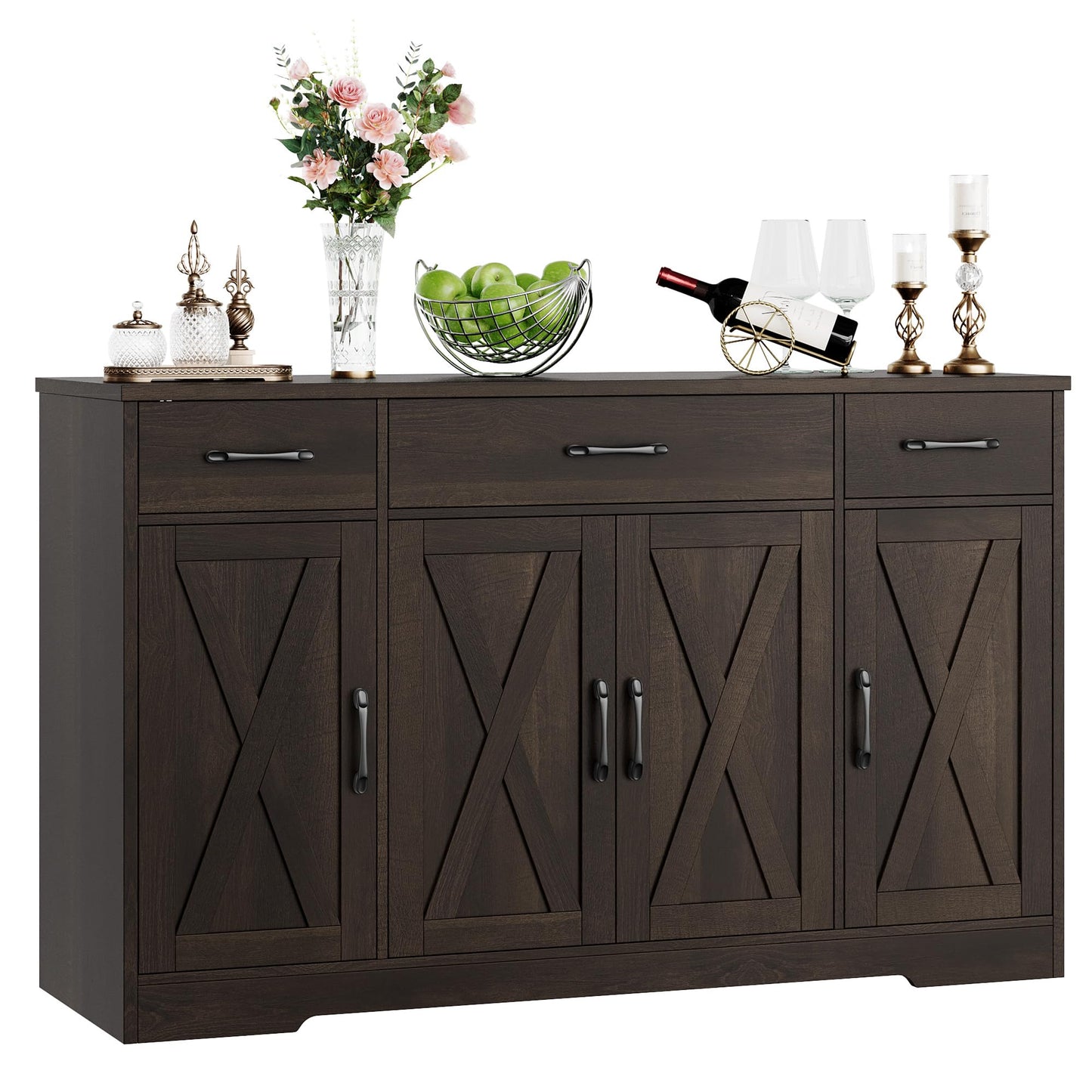 55" Large Buffet Sideboard Cabinet with Drawers, Shelves, and Doors, Modern Farmhouse Coffee Bar Station for Kitchen or Dining Room, Dark Brown