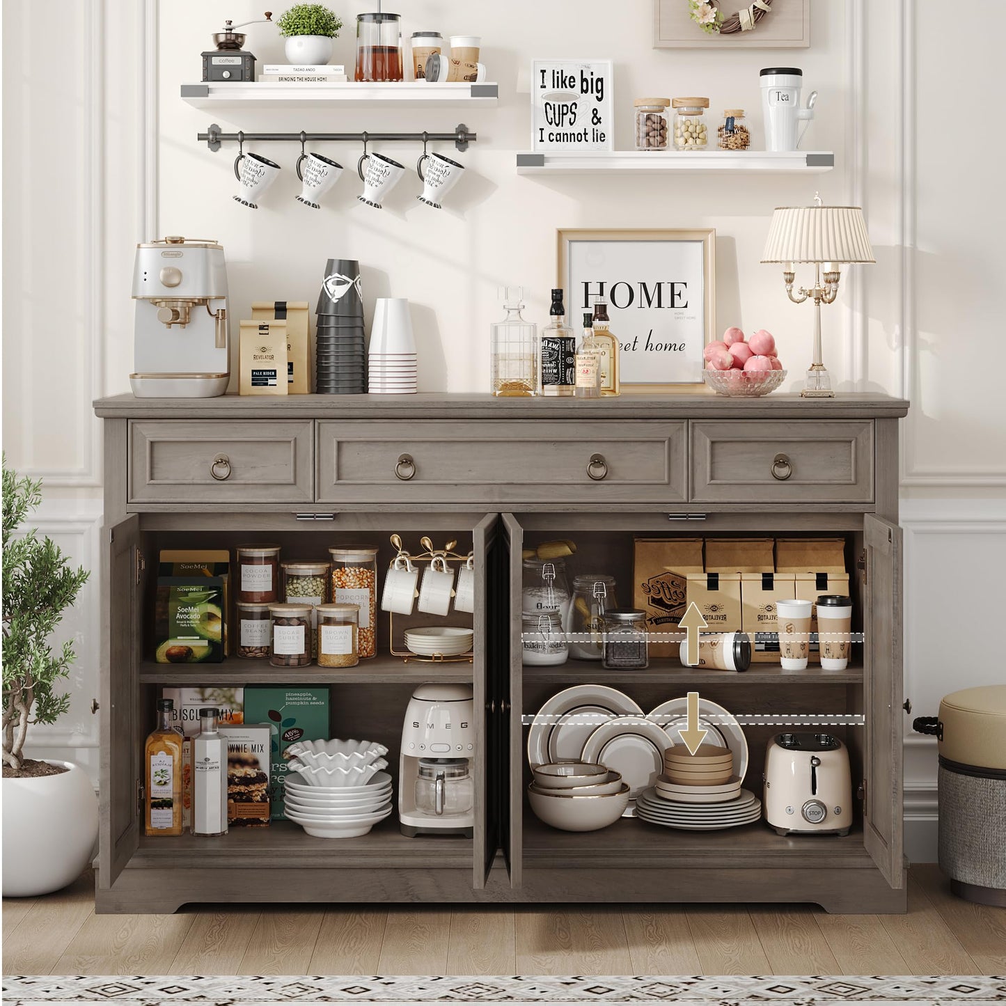 FINETONES 52.7" Large Buffet Cabinet with Storage, Modern Sideboard with 3 Drawers and 4 Doors, Wooden Coffee Bar Cabinet for Kitchen, Dining Room, Living Room, or Home Office, Ash Grey