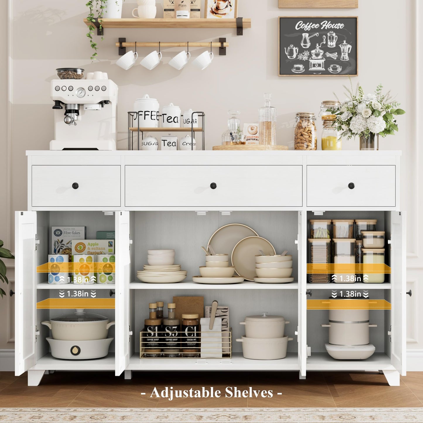 **HIFIT 55" Large Kitchen Buffet Cabinet with Storage, Modern Sideboard with Drawers, Doors, and Shelves, Wood Coffee Bar Cabinet for Kitchen, Dining, or Living Room, White**