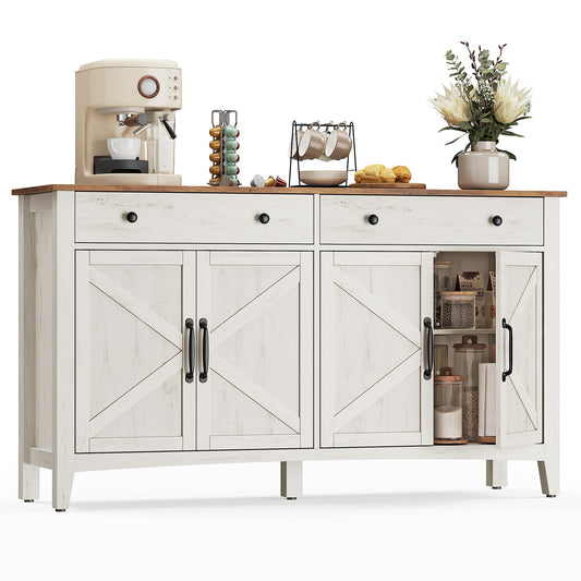 **Buffet Cabinet, Coffee Bar Cabinet with 2 Drawers, Adjustable Shelves, Sideboard Storage with Cable Holes and Drawer Dividers, Rustic White and Honey Brown**