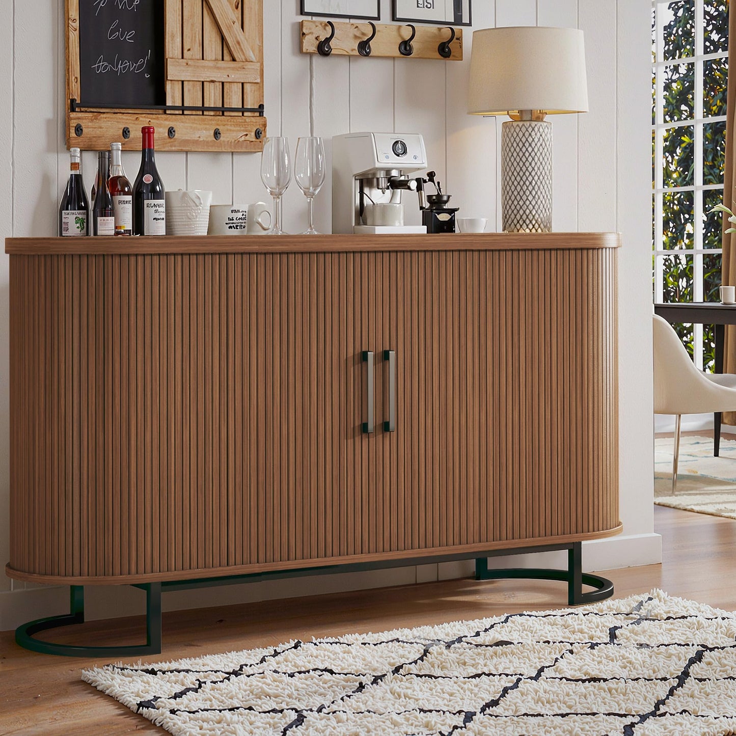 **54.3" Sideboard Buffet Cabinet with Storage, Sliding Door & Adjustable Shelf, Mid-Century Modern Coffee Bar Console Table for Kitchen and Entryway, Walnut**