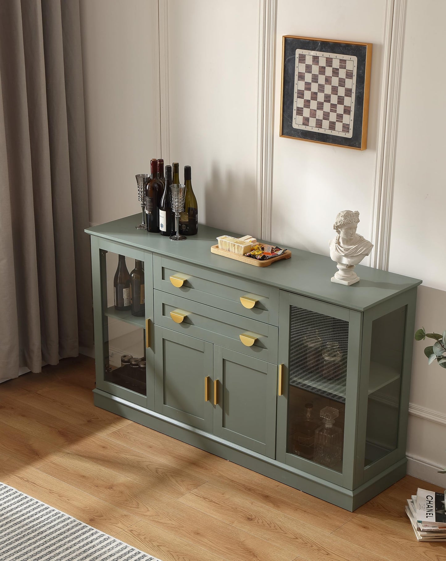 **58.27'' Buffet Cabinet with 2 Drawers and Adjustable Shelves, Large Glass Door Coffee Bar Cabinet, Modern Farmhouse Sideboard Credenza for Kitchen, Dining Room, Green**