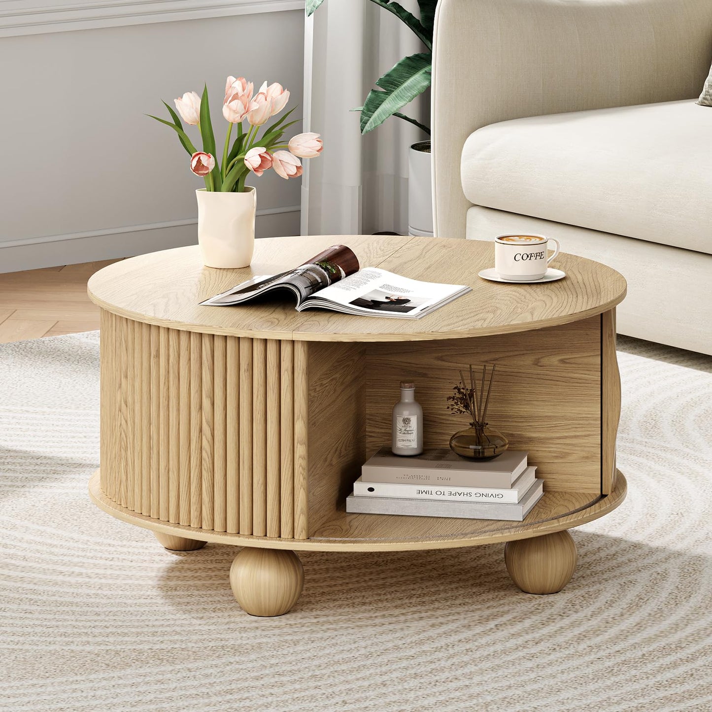Round Coffee Table with Storage, 31.5" Fluted Lift-Top Drum Center Table with Sliding Door and Bun Feet, Mid-Century Modern Coffee Table for Living Room or Small Spaces, Oak