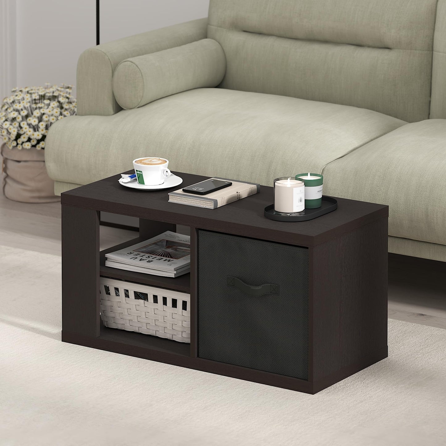 Modern Coffee Table with Open Shelves and Storage Bin, Stylish Side Table for Living Room, Dark Oak/Black