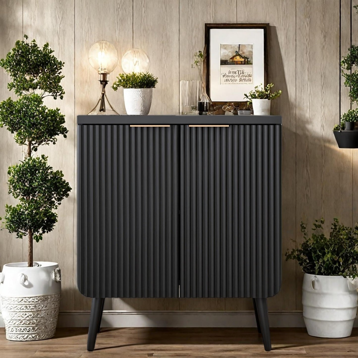 Fluted Buffet Cabinet with Doors and Shelves, Modern Wood Sideboard Coffee Bar Storage for Kitchen, Dining, or Living Room, Black