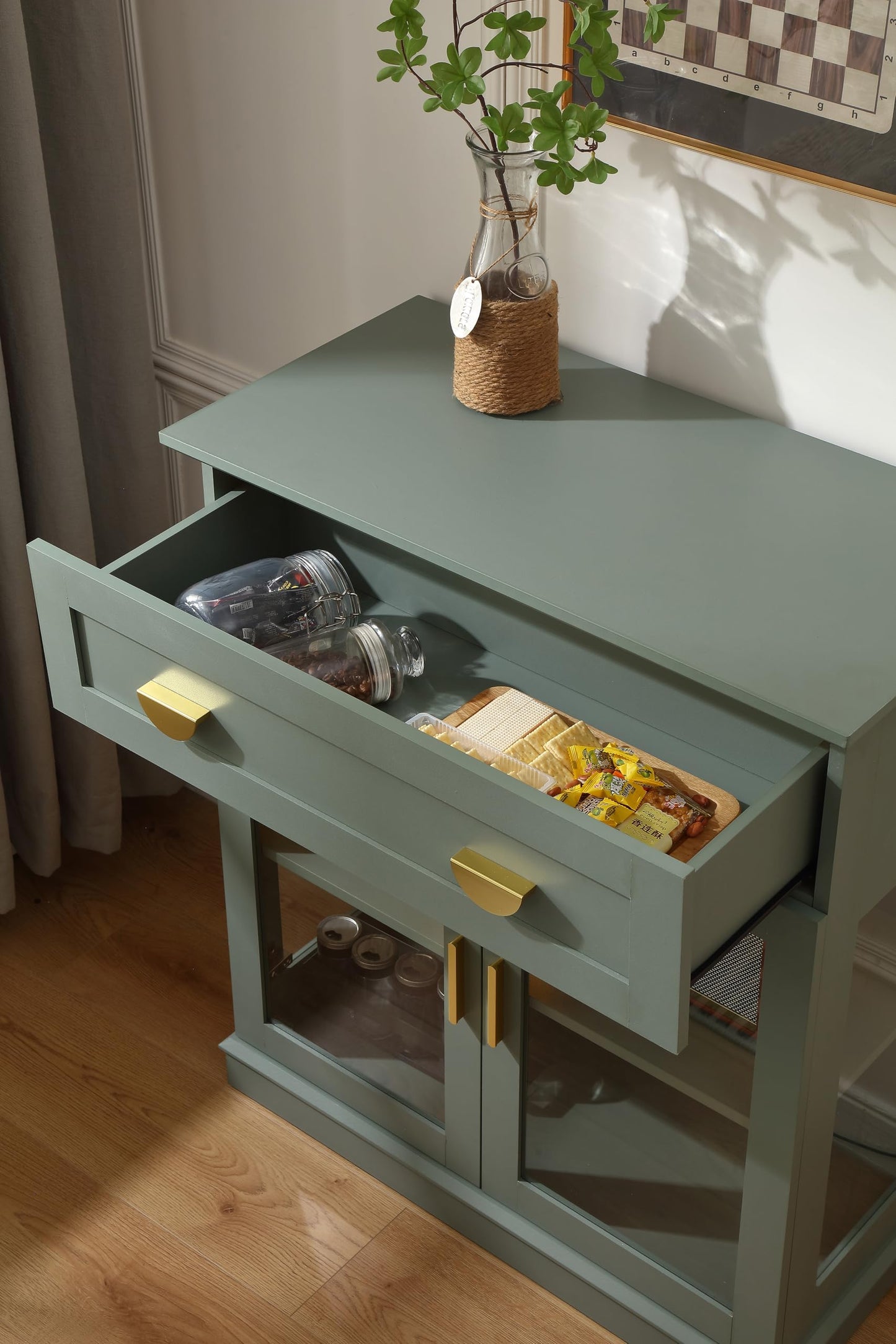 **31.5'' Small Buffet Cabinet with Glass Doors, Compact Coffee Bar Cabinet with Storage, Modern Sideboard Buffet with Adjustable Shelf and Drawer for Kitchen, Dining Room, and Living Room, Green**