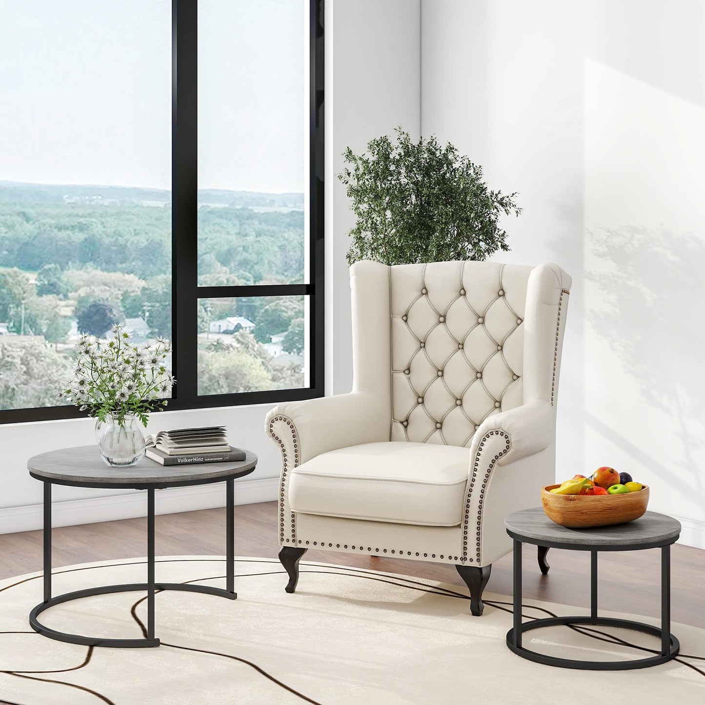 Nesting Round Coffee Table Set of 2, Wooden Accent Tables with Metal Frame for Living Room, Stacking Side Tables, Black/Warm Grey