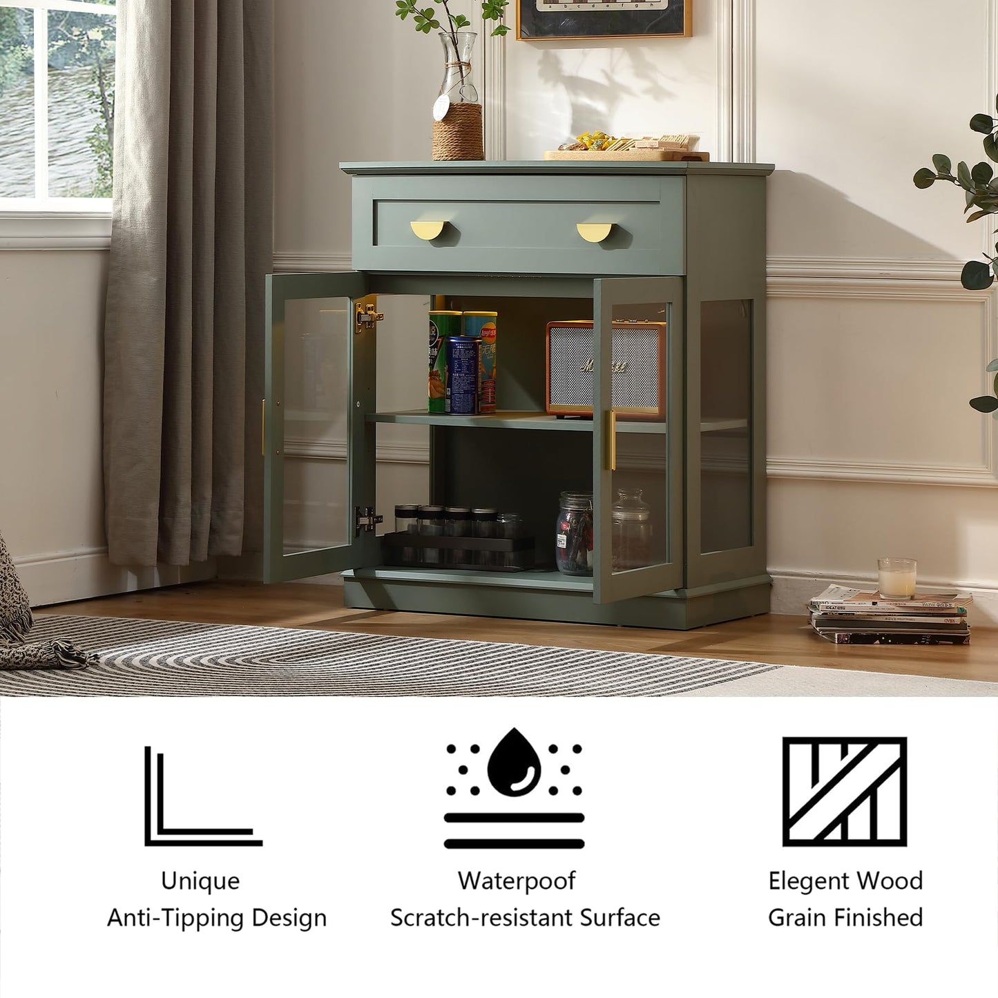 **31.5'' Small Buffet Cabinet with Glass Doors, Compact Coffee Bar Cabinet with Storage, Modern Sideboard Buffet with Adjustable Shelf and Drawer for Kitchen, Dining Room, and Living Room, Green**