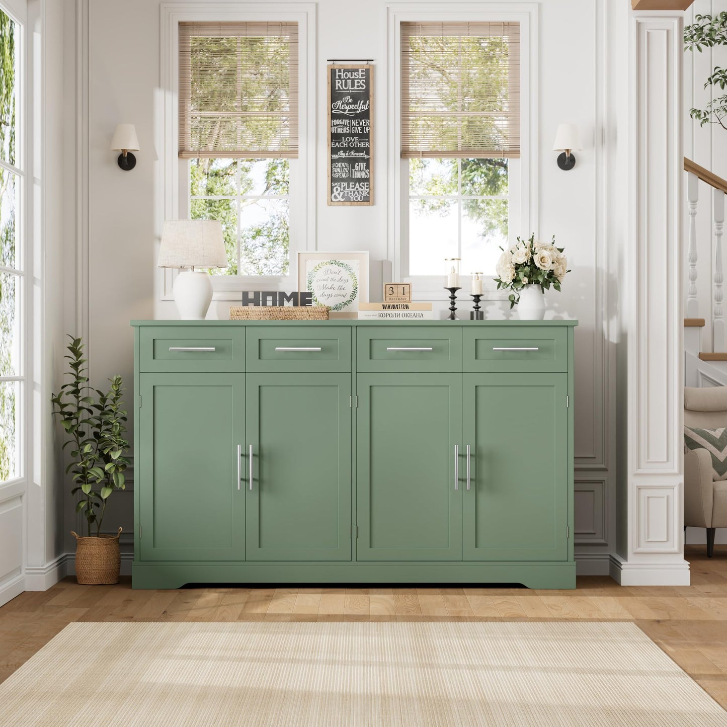 60" Large Buffet Sideboard with 4 Drawers and Storage, 36" Tall Modern Kitchen Cabinet with Gold Handles, Green